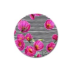 Pink Flowers Black Stripes Magnet 3  (round) by GardenOfOphir