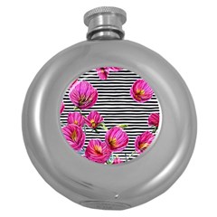 Pink Flowers Black Stripes Round Hip Flask (5 Oz) by GardenOfOphir