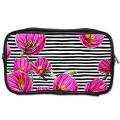 Pink Flowers Black Stripes Toiletries Bag (two Sides) by GardenOfOphir