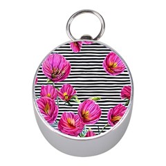 Pink Flowers Black Stripes Mini Silver Compasses by GardenOfOphir