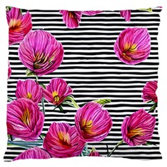 Pink Flowers Black Stripes Standard Premium Plush Fleece Cushion Case (two Sides)