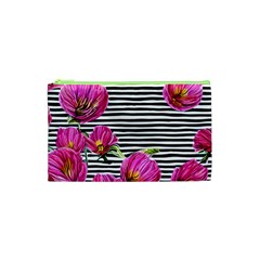 Pink Flowers Black Stripes Cosmetic Bag (xs) by GardenOfOphir