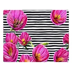 Pink Flowers Black Stripes One Side Premium Plush Fleece Blanket (large) by GardenOfOphir