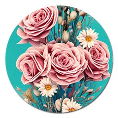 Coral Blush Rose On Teal Magnet 5  (round) by GardenOfOphir