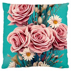 Coral Blush Rose On Teal Large Cushion Case (two Sides) by GardenOfOphir