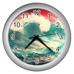 Storm Tsunami Waves Ocean Sea Nautical Nature Painting Wall Clock (silver)