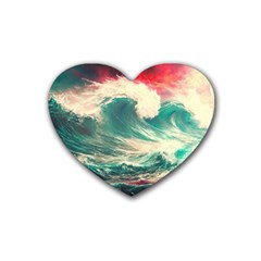 Storm Tsunami Waves Ocean Sea Nautical Nature Painting Rubber Coaster (heart)