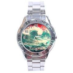 Storm Tsunami Waves Ocean Sea Nautical Nature Painting Stainless Steel Analogue Watch