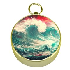 Storm Tsunami Waves Ocean Sea Nautical Nature Painting Gold Compasses