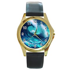 Tsunami Tidal Wave Ocean Waves Sea Nature Water Round Gold Metal Watch