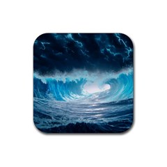 Thunderstorm Storm Tsunami Waves Ocean Sea Rubber Coaster (square) by Ravend