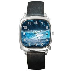 Thunderstorm Storm Tsunami Waves Ocean Sea Square Metal Watch by Ravend