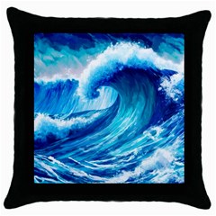 Tsunami Tidal Wave Ocean Waves Sea Nature Water Blue Painting Throw Pillow Case (black)