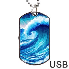 Tsunami Tidal Wave Ocean Waves Sea Nature Water Blue Painting Dog Tag Usb Flash (two Sides) by Ravend