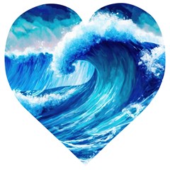 Tsunami Tidal Wave Ocean Waves Sea Nature Water Blue Painting Wooden Puzzle Heart by Ravend