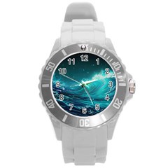 Tsunami Waves Ocean Sea Nautical Nature Water Round Plastic Sport Watch (l) by Ravend