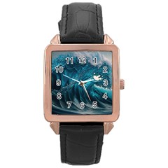 Tsunami Waves Ocean Sea Water Rough Seas 3 Rose Gold Leather Watch 