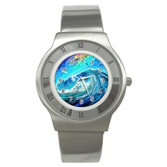 Tsunami Waves Ocean Sea Nautical Nature Water Painting Stainless Steel Watch by Ravend