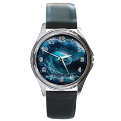 Tsunami Waves Ocean Sea Water Rough Seas 4 Round Metal Watch