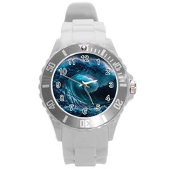 Tsunami Waves Ocean Sea Water Rough Seas 4 Round Plastic Sport Watch (l) by Ravend