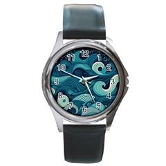 Waves Ocean Sea Abstract Whimsical Abstract Art Round Metal Watch