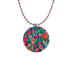 Blossom-filled Watercolor Flowers 1  Button Necklace by GardenOfOphir