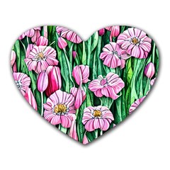 Blushing Bold Botanical Watercolor Flowers Heart Mousepad by GardenOfOphir