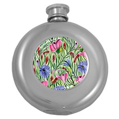 Celestial Watercolor Flower Round Hip Flask (5 Oz) by GardenOfOphir