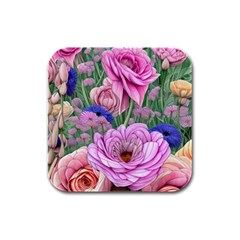 Broken And Budding Watercolor Flowers Rubber Square Coaster (4 Pack)
