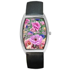 Broken And Budding Watercolor Flowers Barrel Style Metal Watch by GardenOfOphir