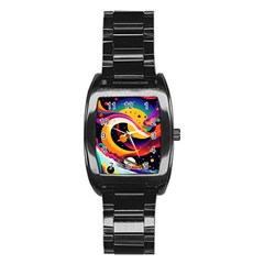 Ai Generated Moon Art Design Graphic Shape Stainless Steel Barrel Watch