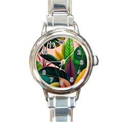 Ai Generated Tropical Leaves Foliage Wallpaper Round Italian Charm Watch