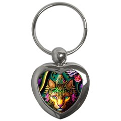 Ai Generated Paisley Pattern Feline Floral Key Chain (heart)