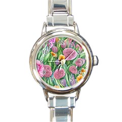 Delicate And Dazzling Watercolor Flowers Round Italian Charm Watch by GardenOfOphir