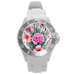 Color-infused Watercolor Flowers Round Plastic Sport Watch (l) by GardenOfOphir