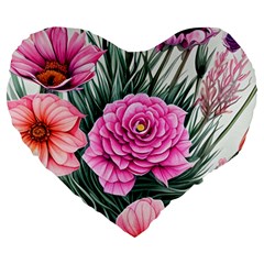 Color-infused Watercolor Flowers Large 19  Premium Flano Heart Shape Cushions by GardenOfOphir