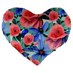 Classy Watercolor Flowers Large 19  Premium Flano Heart Shape Cushions