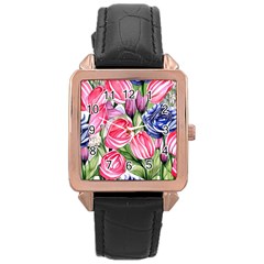 Charming Foliage – Watercolor Flowers Botanical Rose Gold Leather Watch  by GardenOfOphir