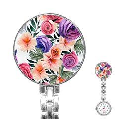 Country-chic Watercolor Flowers Stainless Steel Nurses Watch by GardenOfOphir