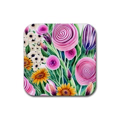 Cheerful And Captivating Watercolor Flowers Rubber Coaster (square) by GardenOfOphir