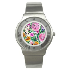 Cheerful And Captivating Watercolor Flowers Stainless Steel Watch by GardenOfOphir