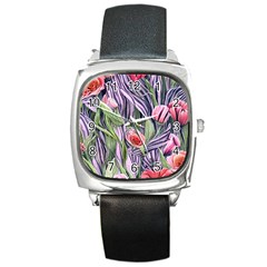 Charming Watercolor Flowers Square Metal Watch by GardenOfOphir