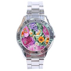 Captivating Watercolor Flowers Stainless Steel Analogue Watch by GardenOfOphir