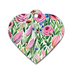 Different Watercolor Flowers Botanical Foliage Dog Tag Heart (two Sides) by GardenOfOphir