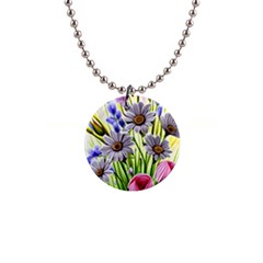 Expressive Watercolor Flowers Botanical Foliage 1  Button Necklace by GardenOfOphir