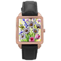 Expressive Watercolor Flowers Botanical Foliage Rose Gold Leather Watch 