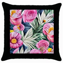 Delightful Watercolor Flowers And Foliage Throw Pillow Case (black)