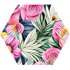 Delightful Watercolor Flowers And Foliage Wooden Puzzle Hexagon by GardenOfOphir