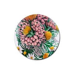 Coral Watercolor Flowers Botanical Foliage Rubber Round Coaster (4 Pack) by GardenOfOphir