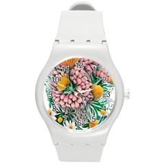Coral Watercolor Flowers Botanical Foliage Round Plastic Sport Watch (m) by GardenOfOphir